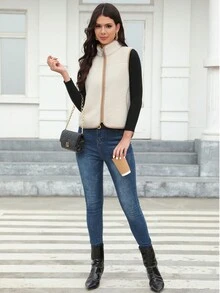 RELISH NOLESS Women's Color-Block Contrast Trim Zipper Front Vest Jacket - Beige - View 3