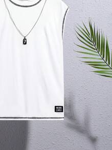 青少年男童休閒字母印花拼接圓領背心上衣 - 白色 - 查看 4