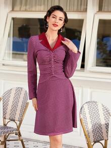 Vintamour Women's Houndstooth Pattern Pleated Long Sleeve Top And Skirt Set - Pink - View 7