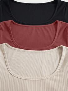 SHEIN Essnce Lot De 3 T-shirts À Manches Longues En Tricot Côtelé - Multicolore - Voir 4