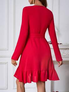 SHEIN LUNE 女裝荷葉領圍巾裝飾打結連衣裙 - 紅色 - 查看 2