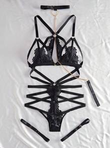 SHEIN Women'S Sexy Lace Hollow Out Lingerie Set - Black - View 5