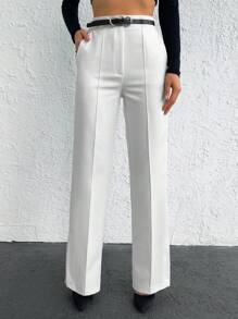 EURMUSE Solid High Waist Split Hem Suit Pants - White - View 4