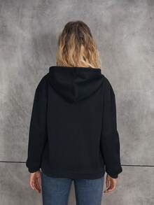 SHEIN EZwear 女士心形印花拉鍊連帽運動衣帶拉鍊 - 黑色 - 查看 2