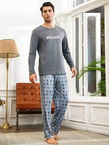 男士字母印花家居服上衣 - 深灰色 - 查看 6