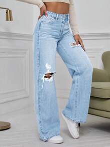 SHEIN EZwear Distressed Washed Denim Jeans - Light Wash - View 6