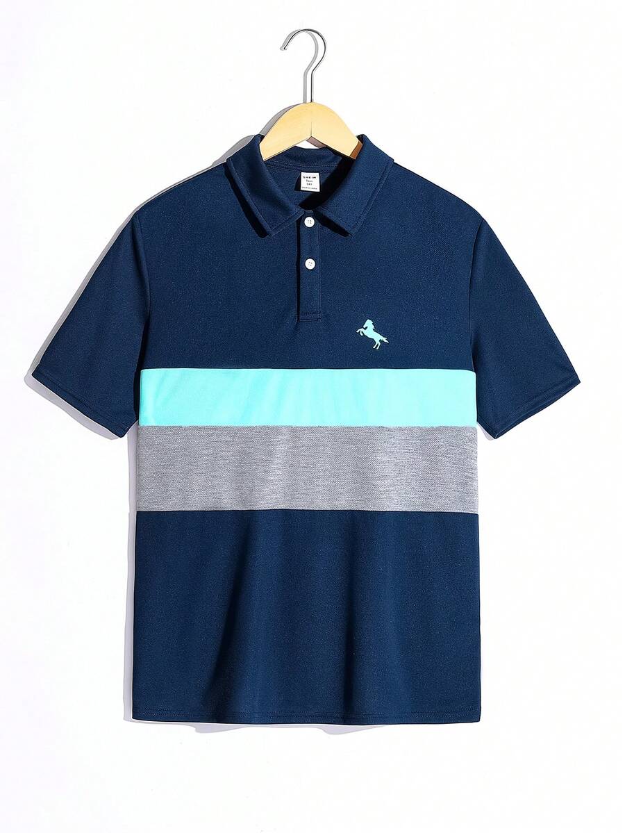 SHEIN 青少年男孩舒適休閒短袖polo衫,印花及色塊設計 - 彩色 - 查看 1