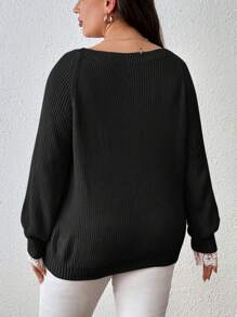 SHEIN Clasi Plus Size Women's Splice Lace Long Sleeve Sweater Pullover - Black - View 2
