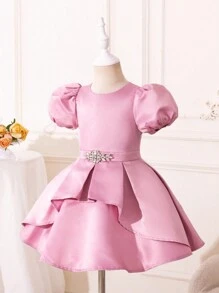 SHEIN Robe De Fille Satinée À Manches Courtes Et Bouffantes Avec Un Col Rond Pour La Saison Des Mariages - Vieux Rose - Voir 5