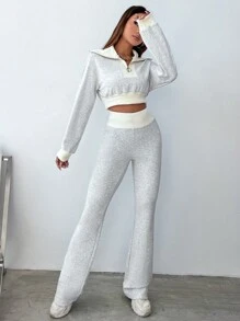SHEIN Unity Thể thao Phong cách Dây kéo Áo nỉ Với Lớn Vòng cổ 2 cái/bộ - Xám - Xem 4
