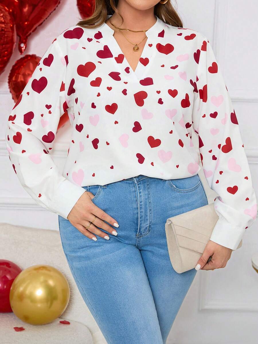 EMERY ROSE 情人節愛心印花大尺碼女裝襯衫 - 白色 - 查看 1