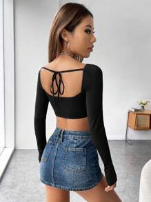 SHEIN PETITE Super Cropped Long Sleeve Knitted Top - Black - View 2