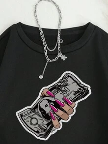 SHEIN EZwear Patterned Printed Warm Lined Crewneck Sweatshirt - Black - View 6