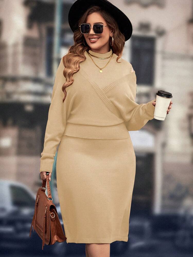 Plus Size Stand Collar Long Sleeve Knit Sweater And Knitted Skirt Set Fall Cloth For Women