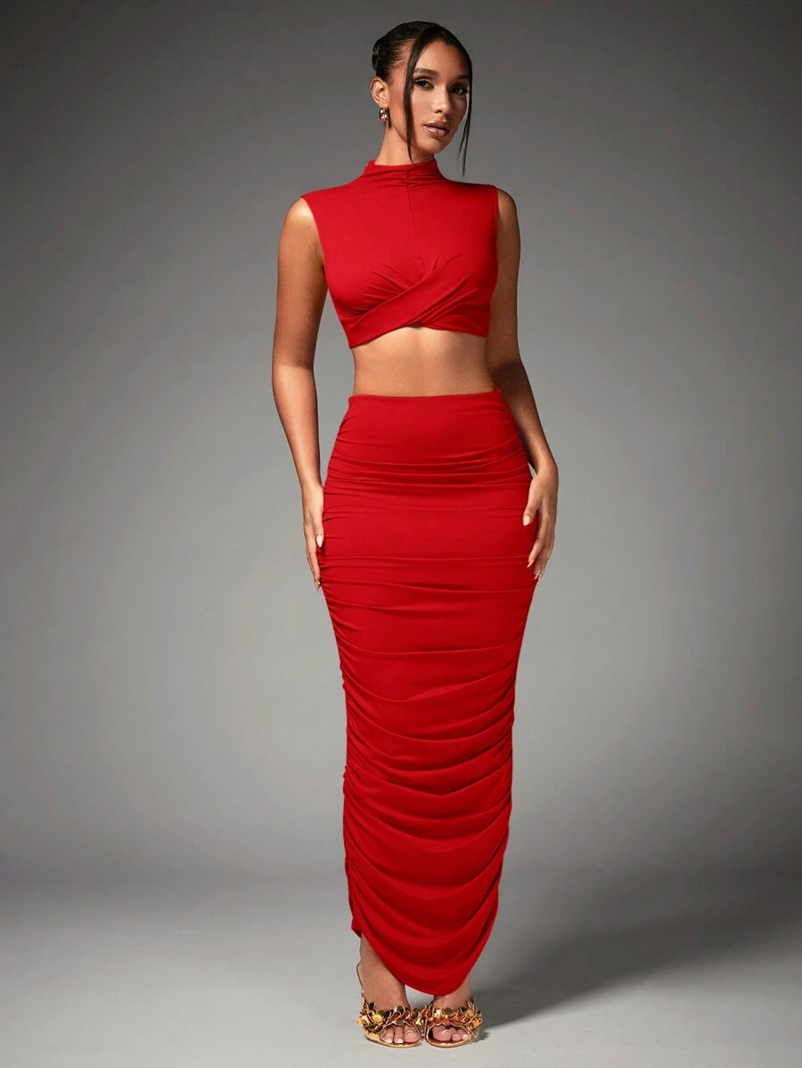 SHEIN BAE Women's Mock Neck Pleated Crop Top And Skirt Set For New Year Party