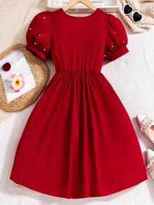 Vestido Rojo Vintage De Manga Corta Con Cuentas Para Niñas Preadolescentes - Rojo - Ver 2