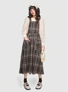ROMWE Plaid Pinafore Dress With Double Pockets - Brown - View 5