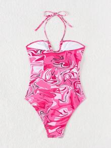 SHEIN Swim Women's Random Printed Hollow Out Halter Neck One Piece Swimsuit Valentine - Multicolor - View 3