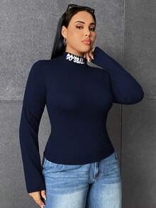 SHEIN EZwear Plus Size Women's Letter Print Stand Collar Long Sleeve T-Shirt - Navy Blue - View 5
