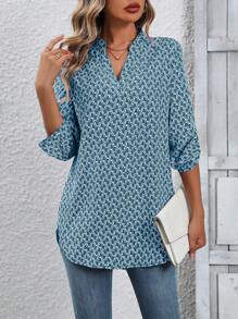 EMERY ROSE Women's Rolled Sleeve All Over Printed Shirt Fall Cloth For Women - Dusty Blue - View 6