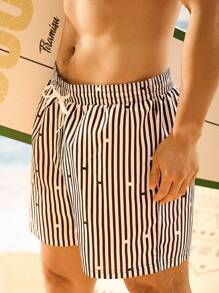 Manfinity Quần short đi biển cạp rút kẻ sọc cho nam, quần short đi biển, đi nghỉ - Đen và trắng - Xem 4