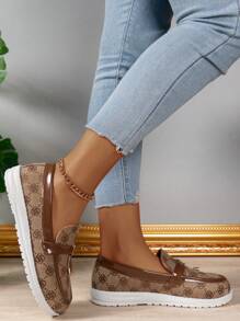 Women's Embroidered Flat Shoes With Bell Decor, Casual Breathable Slip-On Loafers With Soft Outsole, Gold