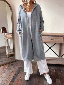 SHEIN LUNE Women's Long Hooded Fleece Sweatshirt With Drawstring - Grey - View 5