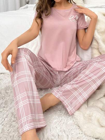 Letter Heart Print Pajama Set Roze Wit Plaid Lounge Pants view 3