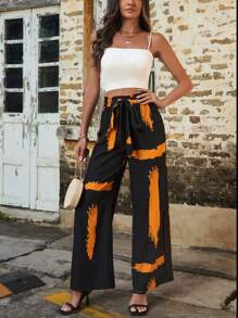 SHEIN LUNE 隨機印花繫帶腰褲 - 黑色 - 查看 3