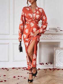 Chiquease Kleid Mit Blumen Muster Und Verdrehtem Detail Und Hohem Schlitz Am Saum - Orange - Übersicht 7
