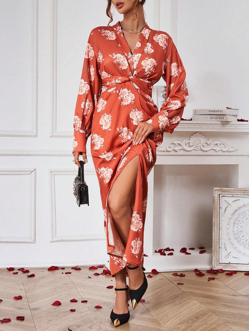 Floral Print Twisted Detail High Slit Hem Dress