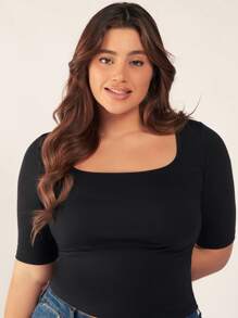 SHEIN BASICS Plus Size Solid Color Slim Fit Round Neck T-Shirt/Summer - Black - View 4