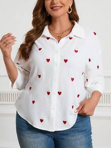 SHEIN Frenchy Plus Size Saint Valentin Ladies' Shirt With Heart Embroidery - White - View 2