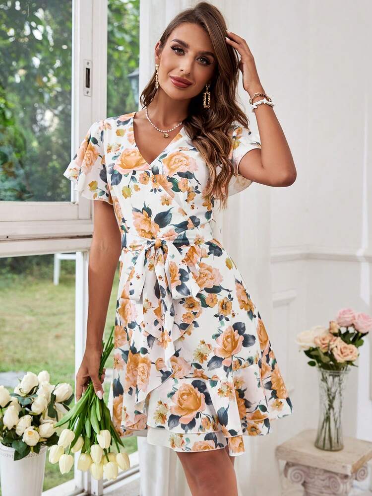 Vacation Floral Print Ruffle Sleeve Belted Maxi Valentine Day Dress