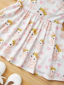 SHEIN Baby Girl Lovely Rabbit & Heart Pattern Short Sleeve A-Line Dress - White - View 5