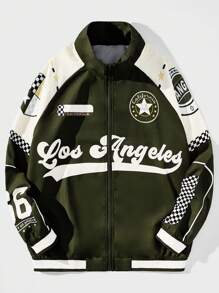 ROMWE MEN Street Life Men's Letter Printed Color-Blocked Stand Collar Jacket - Army Green - View 1