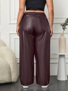 SHEIN Cottnline Women's Plus Size Solid Color High Waist Wide-Leg Jeans With Slanted Pockets - Burgundy - View 2