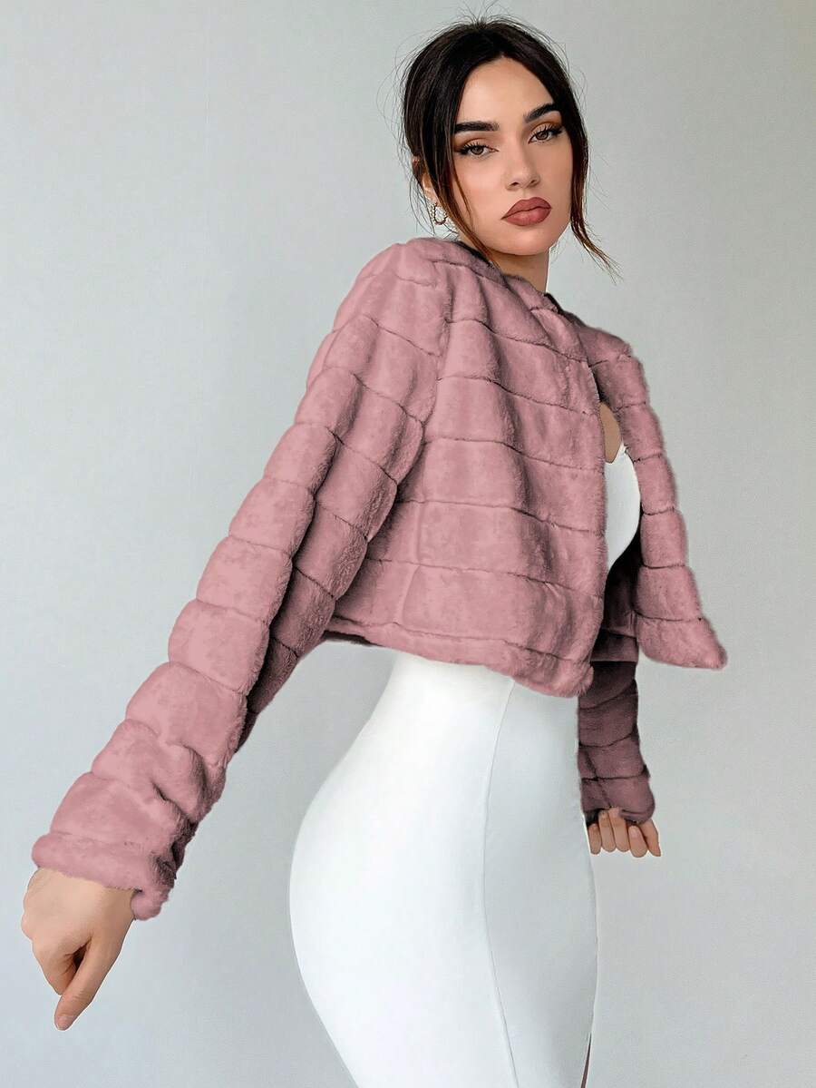 Aloruh Date Night Open Front Crop Fuzzy Jacket - Dusty Pink - View 1