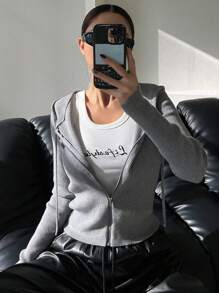 DAZY Women Cardigans Zip Rib-Knit Casual - Grey - View 3