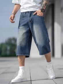 Manfinity EZcore Loose Fitting Men's Bleach Washed Denim Shorts With Slant Pockets Baggy Long Plain Navy Blue Going Out Japanese Style