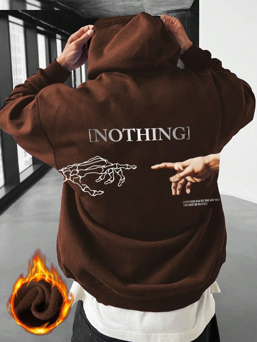 Manfinity 寬鬆男款手勢印花連帽衫,保暖襯裡 - 咖啡棕 - 查看 1