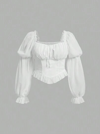 SHEIN MOD Plus Size Vintage Women'S Sweetheart Neckline Shirt With Ruffled Sleeves