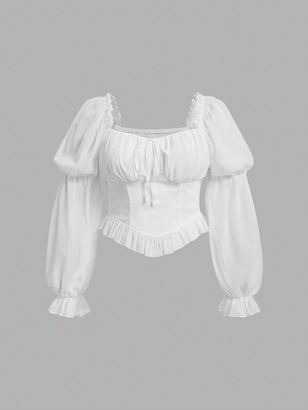 SHEIN MOD Plus Size Vintage Women'S Sweetheart Neckline Shirt With Ruffled Sleeves