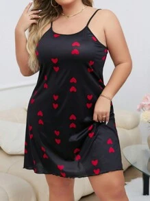 Plus Size Women's Heart Printed Spaghetti Strap Pajama Night Dress - Black - View 4