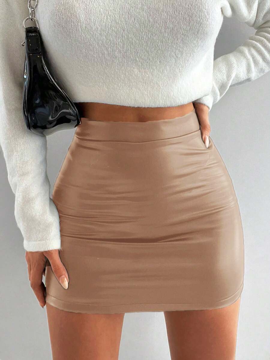 Solid PU Bodycon Skirt - Mocha Brown - View 1