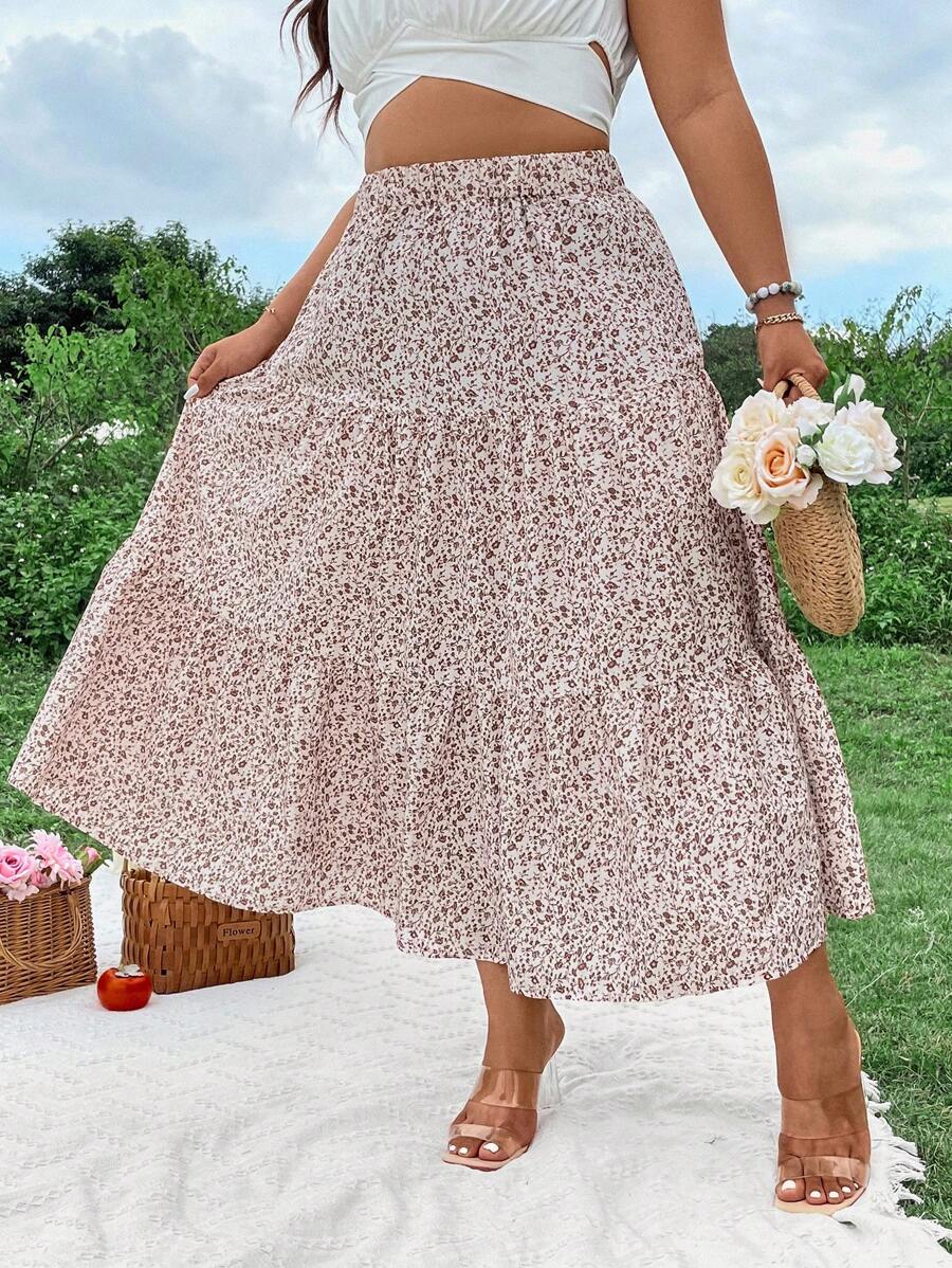 SHEIN SunnyBelle 大尺碼女性花卉印花不對稱裙擺 - 彩色 - 查看 1