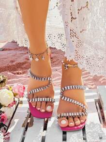 Fashionable Women'S Plus Size Strappy High-Heeled Sandals With Rhinestones And Square Toe, Summer - Hot Pink - View 4