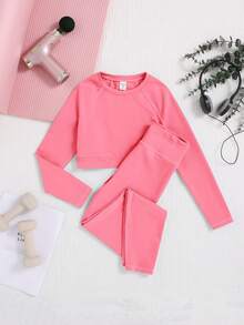 SHEIN Tween女孩中空後背圓領拉格蘭袖t恤和長褲運動套裝 - 玫紅色 - 查看 2