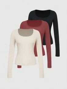 SHEIN Essnce Lot De 3 T-shirts À Manches Longues En Tricot Côtelé - Multicolore - Voir 1