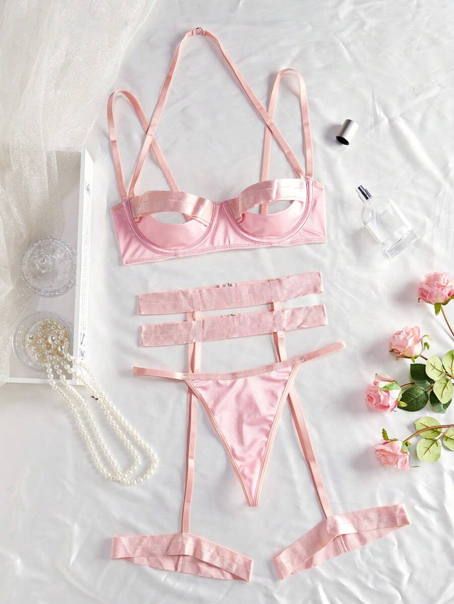 SHEIN Conjunto de lencería sexy y calada para salir - Rosa - Ver 1